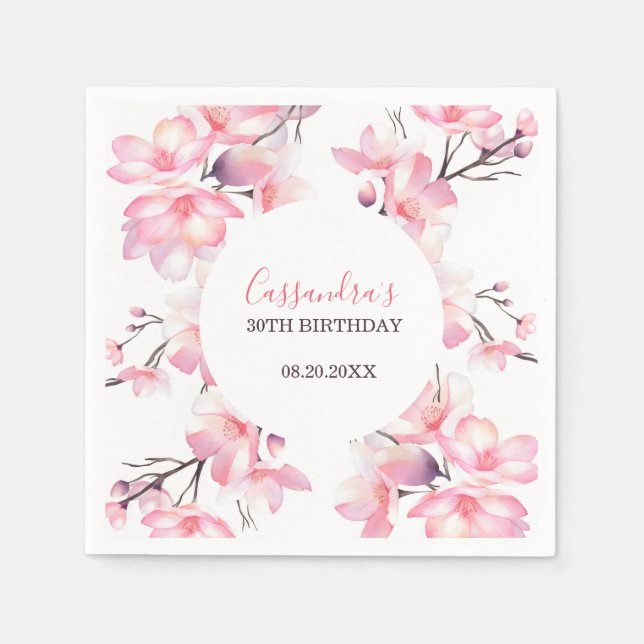 Chic Blush Pink Cherry Blossom Botanical Birthday Napkin (Front)