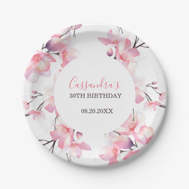 Chic Blush Pink Cherry Blossom Botanical Birthday Paper Plate (Front)