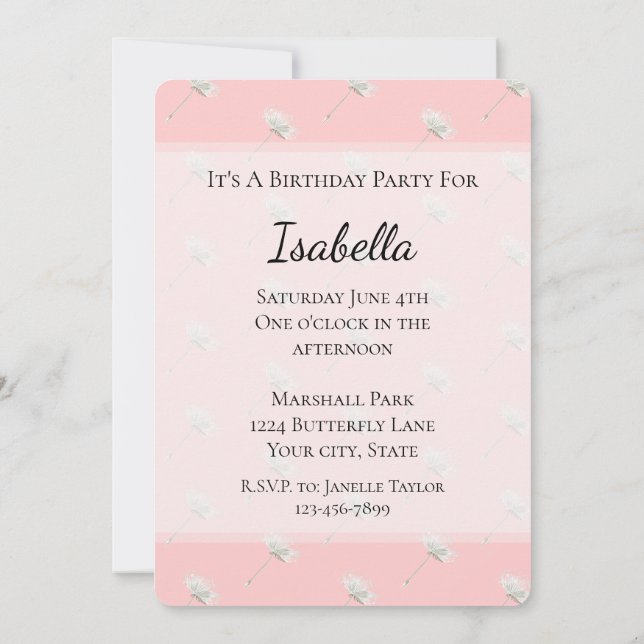 Chic Blush Pink Dandelion Flowers Birthday Invitation (Back)