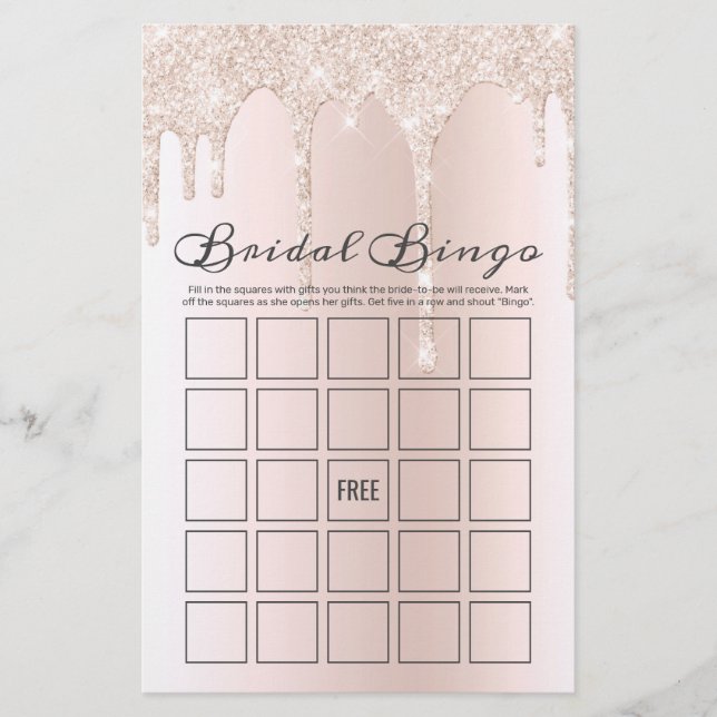 Chic Blush Pink Dripping Glitter Bridal Bingo Game (Front)