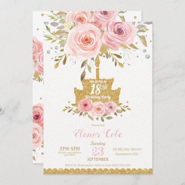 Chic Blush Pink Floral 18th Birthday Cake Invitation (Front/Back)