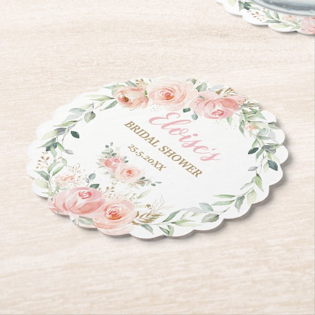 Chic Blush Pink Floral Baby Bridal Shower Birthday Paper Coaster (Angled)