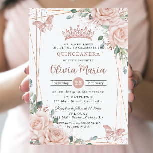 Chic Blush Pink Floral Butterflies Quinceañera Invitation