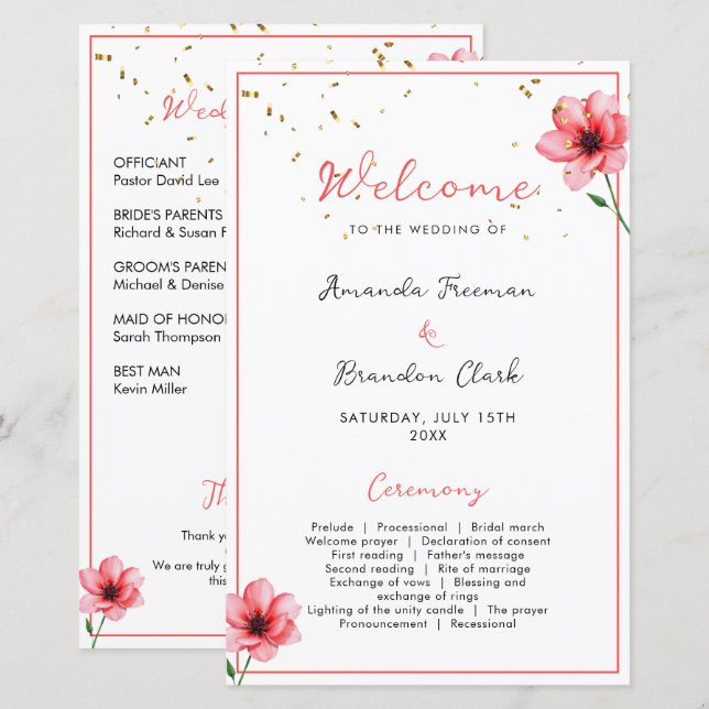 Chic Blush Pink Floral Confetti Frame Wedding (Front/Back)