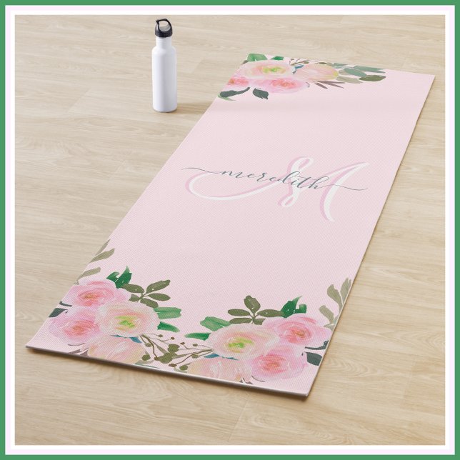 Chic Blush Pink Floral Custom Monogram Name  Yoga Mat (Creator Uploaded)