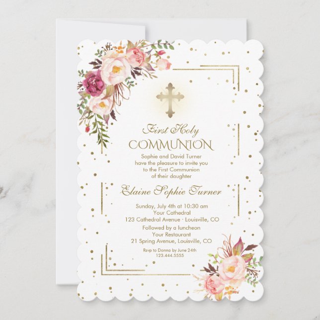 Chic Blush Pink Floral Gold First Holy Communion Invitation (Front)