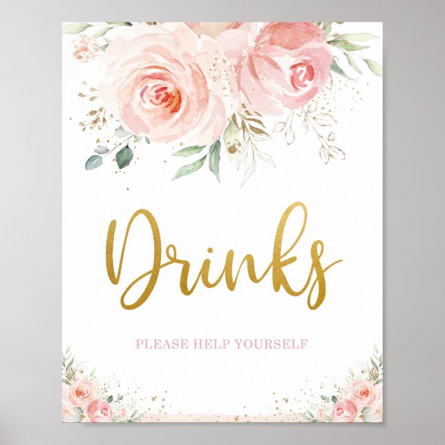 Chic Blush Pink Floral Gold Foliage Drinks Sign (Front)