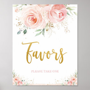 Chic Blush Pink Floral Gold Foliage Favours Sign