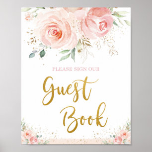 Chic Blush Pink Floral Gold Foliage Guestbook