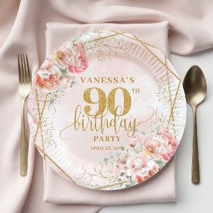 Chic Blush Pink Floral Gold Frame 90th Birthday  Paper Plate