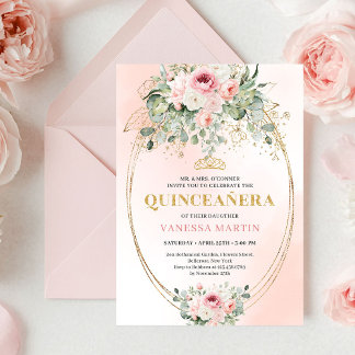Chic Blush Pink Floral Gold Quinceañera Boho Invit Invitation