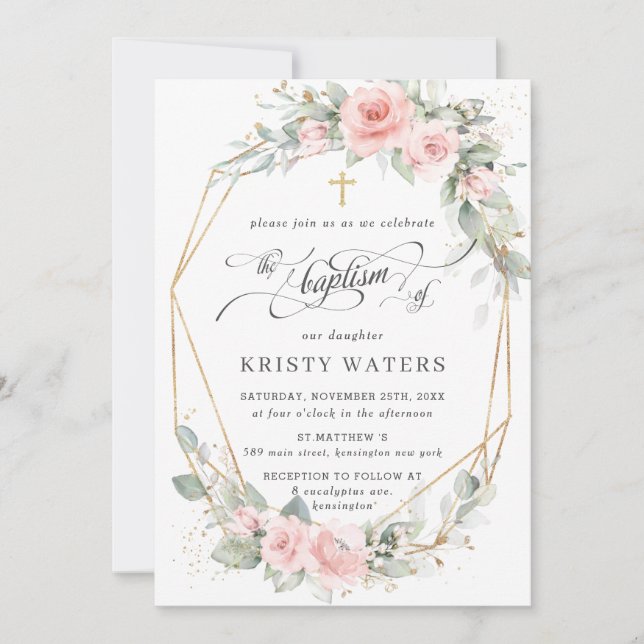 Chic Blush Pink Floral Greenery Baptism Geometric Invitation (Front)