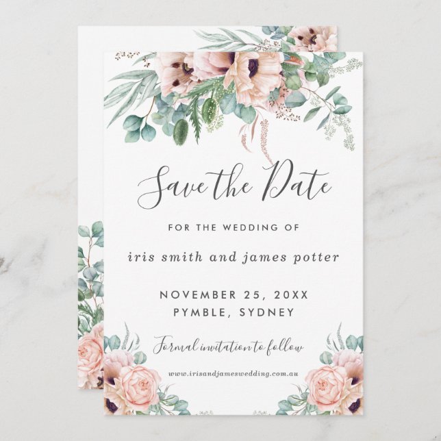 Chic Blush Pink Floral Greenery Save the Date Card (Front/Back)