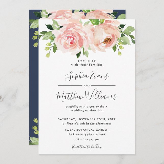 Chic Blush Pink Floral Greenery Wedding Invitation (Front/Back)