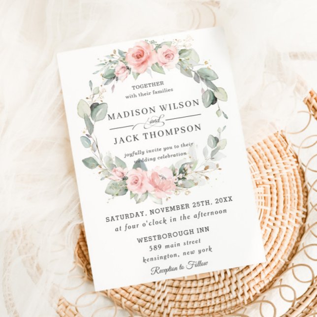 Chic Blush Pink Floral Greenery Wreath Wedding Invitation (Creator Uploaded)