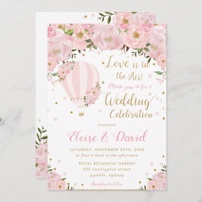 Chic Blush Pink Floral Hot Air Balloon Wedding Invitation (Front/Back)