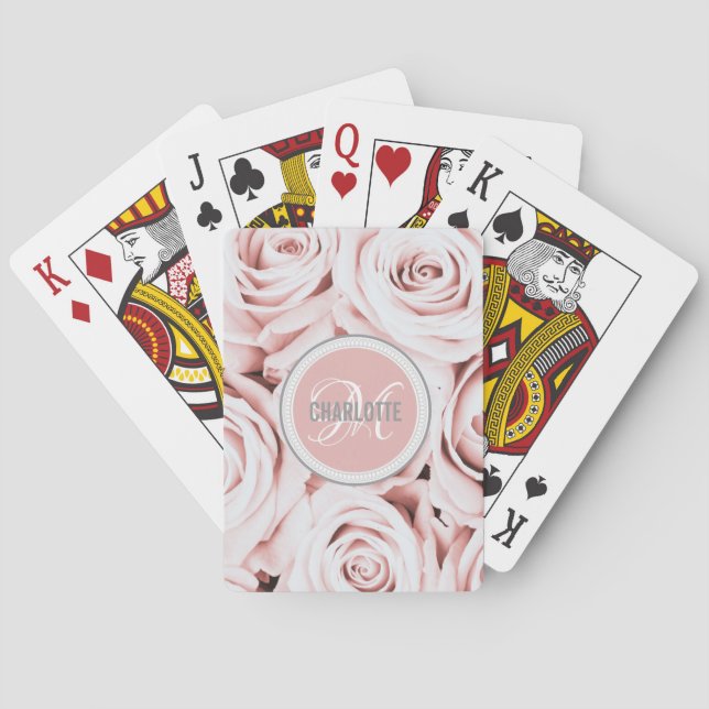 Chic blush pink floral monogram name playing cards (Back)