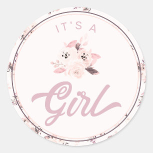Chic Blush Pink Floral New Baby It's a Girl Favour Classic Round Sticker