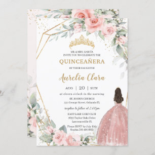 Chic Blush Pink Floral Princess Crown Quinceañera Invitation