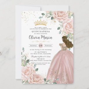 Chic Blush Pink Floral Princess Dress Quinceañera Invitation