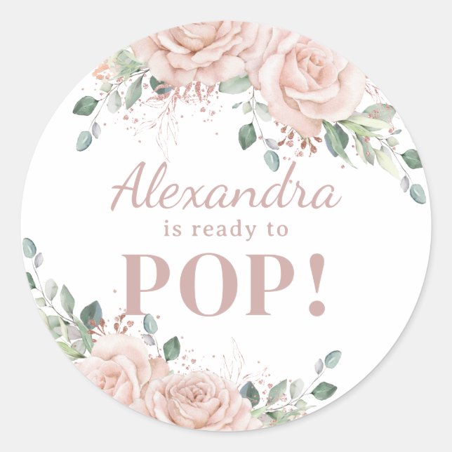 Chic Blush Pink Floral Rose Gold Baby Ready to Pop Classic Round Sticker (Front)