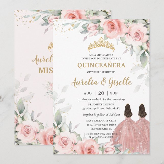 Chic Blush Pink Floral Rose Gold Twins Quinceañera Invitation (Front/Back)
