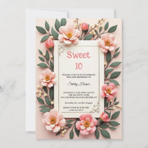 Chic Blush Pink Floral Sweet 10 Birthday Party Inv Invitation