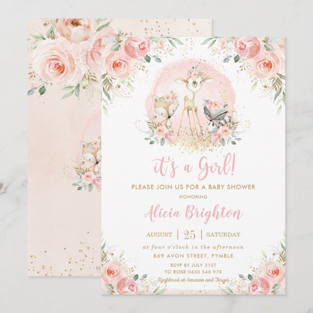 Chic Blush Pink Floral Woodland Girl Baby Shower Invitation (Front/Back)