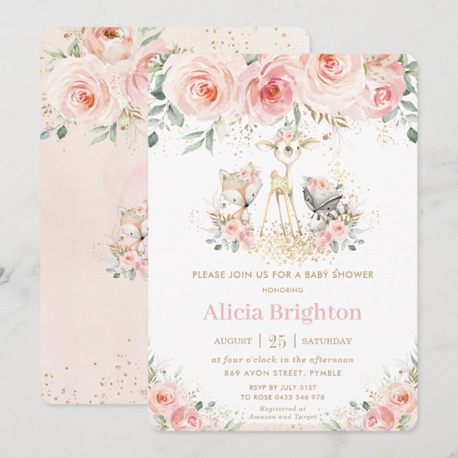 Chic Blush Pink Floral Woodland Girly Baby Shower Invitation (Front/Back)