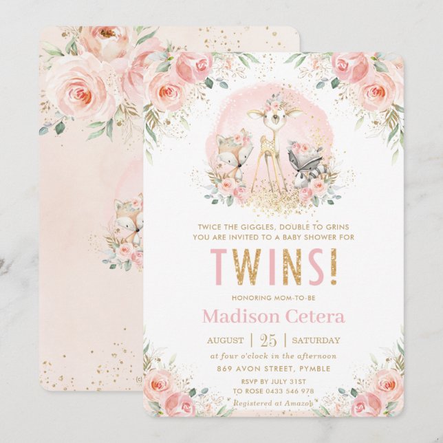 Chic Blush Pink Floral Woodland Twins Baby Shower Invitation (Front/Back)