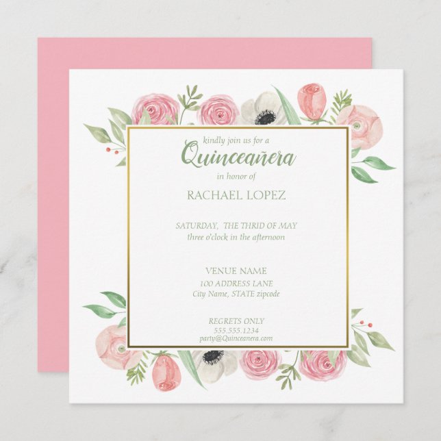 Chic Blush Pink Florals | Gold Frame Quinceanera Invitation (Front/Back)
