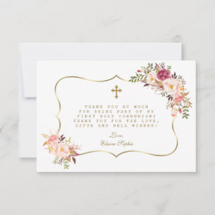 Chic Blush Pink Flowers Gold Cross Holy Communion Thank You Card
