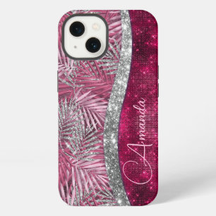 Chic blush pink fuchsia glitter leaves monogram iPhone 13 case