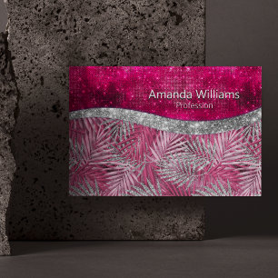 Chic blush pink fuchsia glitter leaves monogram magnetic business card
