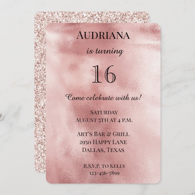 Chic Blush Pink Glam Glitter Birthday Invitation (Front/Back)