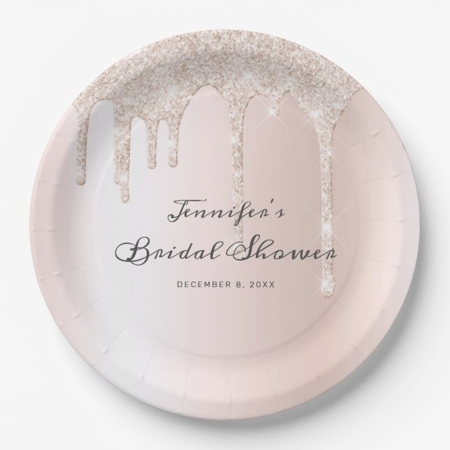 Chic Blush Pink Glitter Drips Script Bridal Shower Paper Plate (Front)