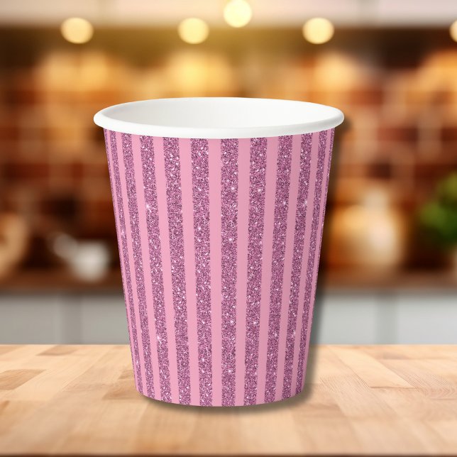 Chic Blush Pink Glitter Style Vertical Stripes Paper Cups (Creator Uploaded)