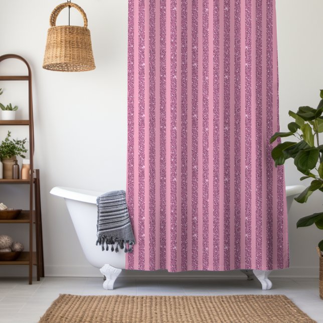 Chic Blush Pink Glitter Style Vertical Stripes Shower Curtain (Creator Uploaded)