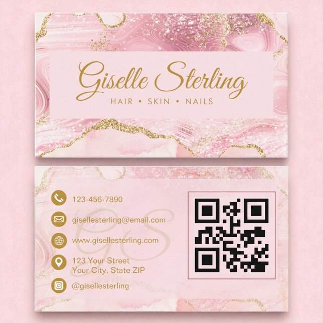Chic Blush Pink Gold Agate Marble QR Code Business Card (Creator Uploaded)