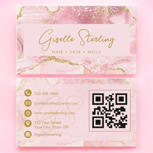 Chic Blush Pink Gold Agate Marble QR Code Luxe Business Card