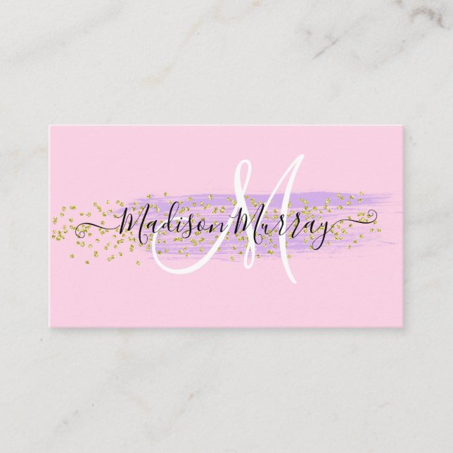 Chic Blush Pink Gold Confetti Lilac Monogram Name Business Card (Front)