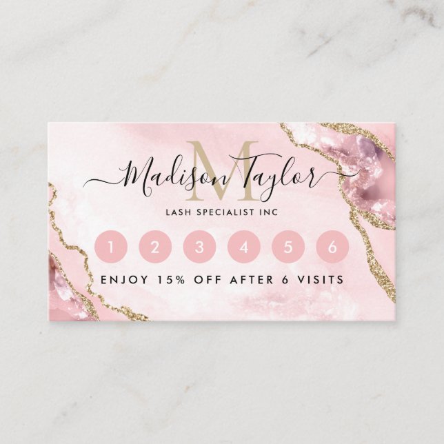 Chic Blush Pink Gold Glitter Agate Marble Monogram Loyalty Card (Front)