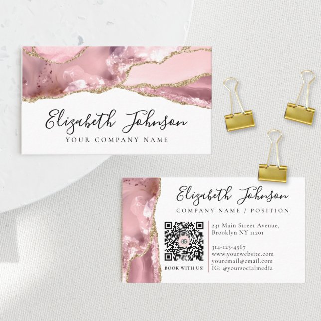 Chic Blush Pink Gold Glitter Agate Marble QR Code Business Card (Creator Uploaded)