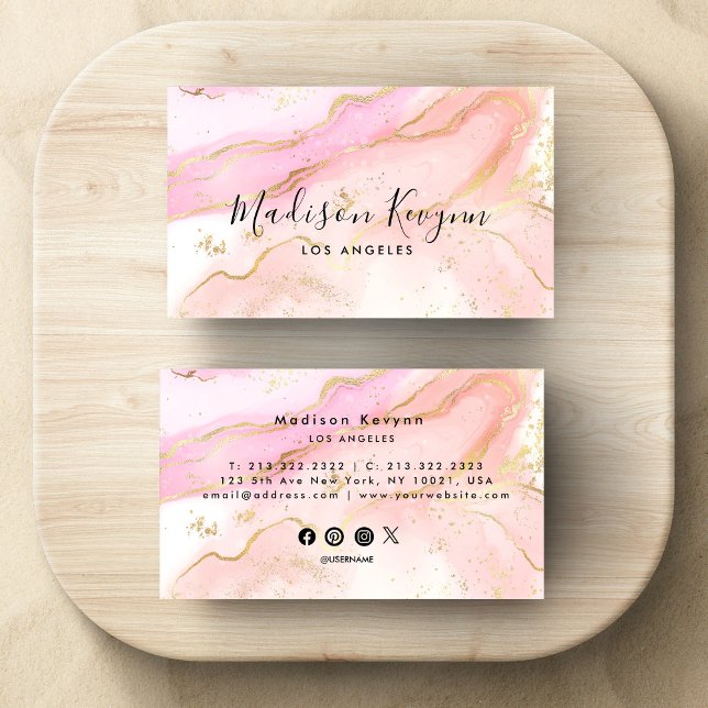 Chic Blush Pink Gold Glitter Marble Agate Monogram Business Card (Creator Uploaded)