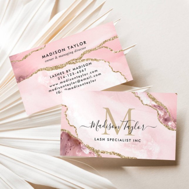 Chic Blush Pink Gold Glitter Marble Agate Monogram Business Card (Creator Uploaded)