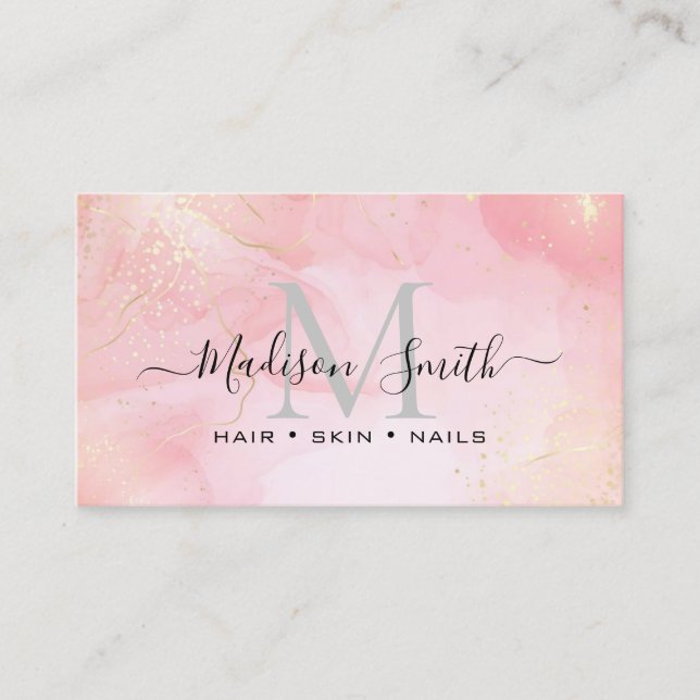 Chic Blush Pink Gold Glitter Marble Agate Monogram Business Card (Front)