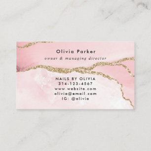 Chic Blush Pink Gold Glitter Marble Agate Monogram Business Card
