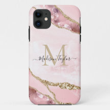 Chic Blush Pink Gold Glitter Marble Agate Monogram Case-Mate iPhone Case