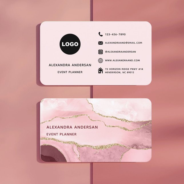 Chic Blush Pink Gold Glitter Marble Agate Social  Business Card (Chic Blush Pink Gold Glitter Marble Agate Social Business Card)