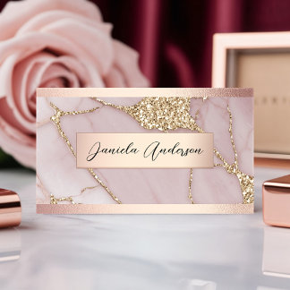 Chic Blush Pink Gold Glitter Marble Business Card